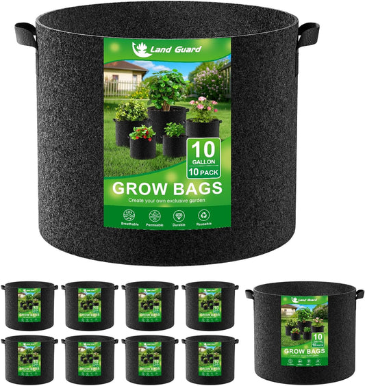 Land Guard 10-Pack Fabric Grow Bags 10 Gallon, Thickened Nonwoven Garden Pots, Growing Bags with Handles, Black