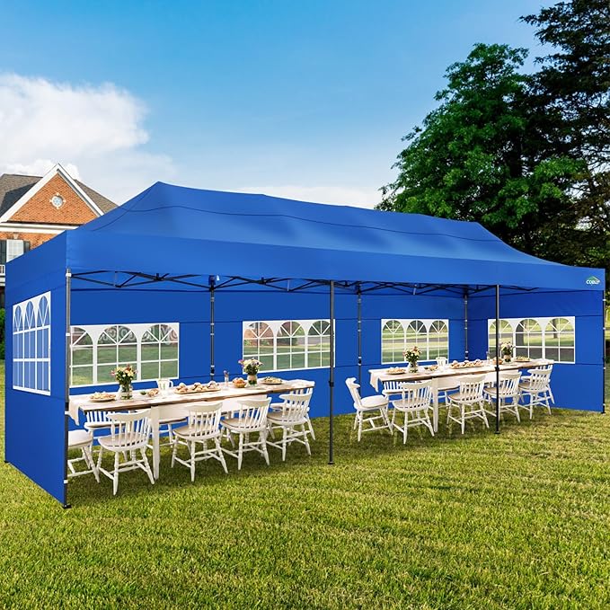 COBIZI 10x30 Pop up Canopy Tent 10x30 Canopy with Sidewalls, Heavy Duty Party Tent Tents for Parties, Foldable UPF 50+ Waterproof Commercial Easy up Canopy with Wheeled Bag, Blue(Frame Upgraded)