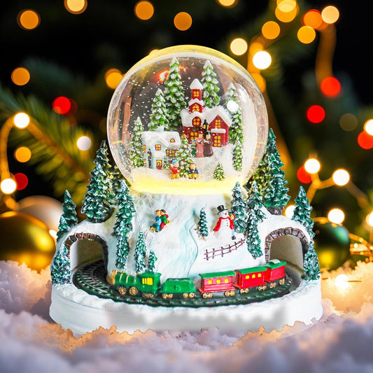MUMTOP Christmas Snow Globe, Christmas Village Houses with Rotating Train, Snow Scene Lighted Color Changing Snow Globes Christmas with Music for Kids Girls Women Adults Gift