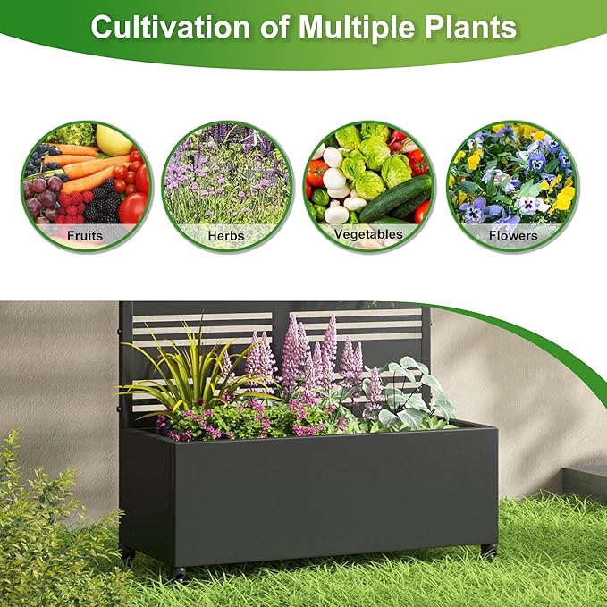 Casaphoria Metal Raised Garden Bed with Trellis and Wheels, 72"x47"x16" Planter Box for Climbing Plants, Vegetables & Vines, Features Drainage Holes and Privacy Screen (Black-Shine)