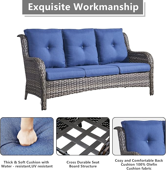 Outdoor Wicker Patio Furniture Set - 5 Piece Rattan Patio Conversation Set with 2 Rocking Swivel Chairs,2 Ottomans and 1 Sofa for Porch Deck Backyard Garden(Mixed Grey/Blue)