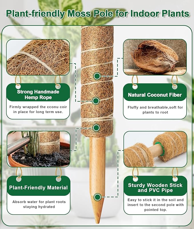 EAONE Moss Pole 168 Inch, 8 Pack 21" Monstera Plant Support for Climbing Potted Live Plants Indoor, Stackable Coco Coir Moss Sticks Monstera Stakes for Pothos Philodendron, with Garden Labels & Ties