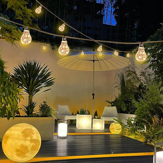 30FT Solar String Lights Outdoor Waterproof with Remote, 20 Edison Shatterproof Bulbs String Lights for Outside, Hemp Rope Solar Powered Lights with 8 Modes for Fence Tree Cafe Bistro Party