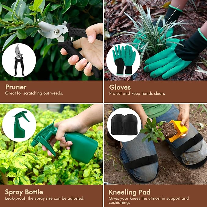 YAUNGEL Gardening Tools - 10Pcs Garden Tool Set Heavy Duty Stainless Steel Gardening Supplies Hand Tools with Wooden Handle, Storage Tote Bag, Ideal Gardening Gifts for Women and Men, Black