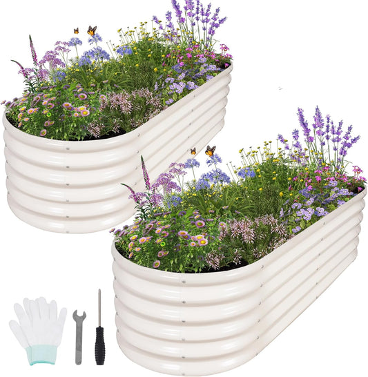 Galvanized Raised Garden Bed Outdoor- 2 Pcs Raised Beds for Gardening| Metal Planter Box, Steel Raised Garden Bed Kit with Gloves for Vegetables, Flower, Herbs (6x2x1.4FT, White)