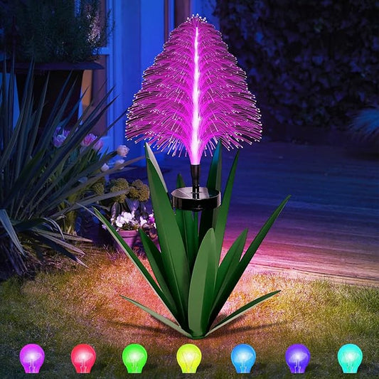 Metal Outdoor Decoration Gift Metal Agave Plants Outdoor Decor, Metal Agave Yard Art Garden Lights Solar Outdoor, 7 Color Changing Garden Yard Pathway Xmas Decor Waterproof (1pcs Green)