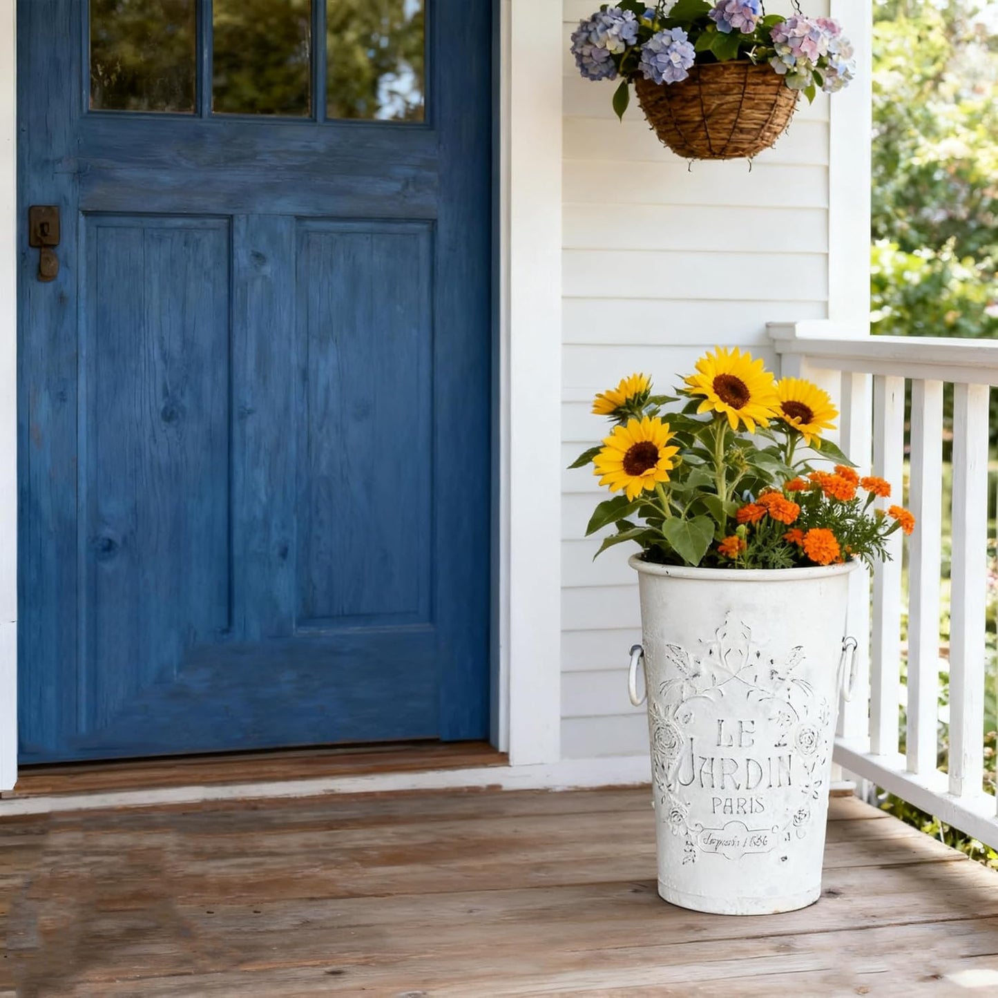 Set of 2 Distressed White Metal Flower Pots - Le Jardin Paris 14" Vintage Planters, Decorative Round Plants Buckets for Indoor/Outdoor Garden Patio Decor