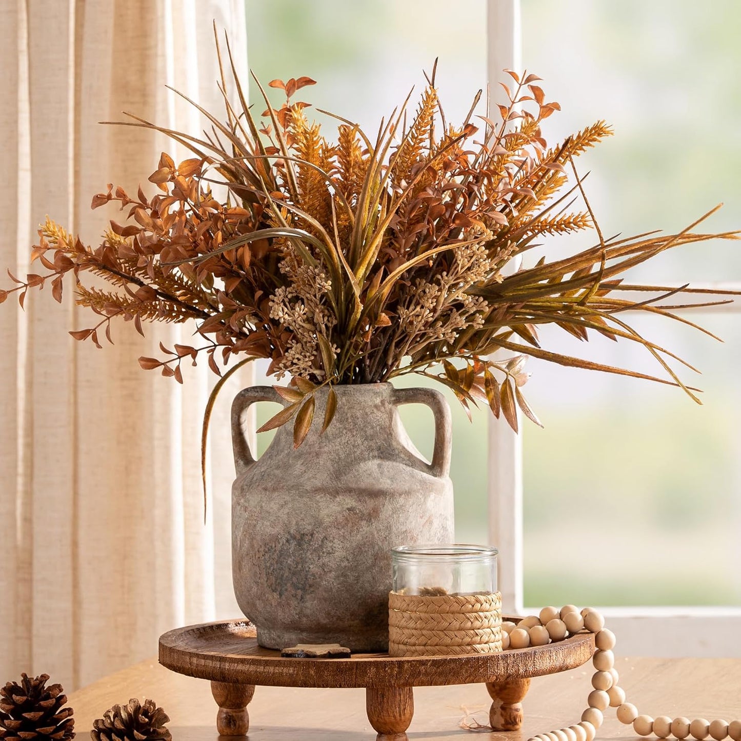 Mitt&Ditt Ceramic Flower Vase with Handles, 8 inch Tall Off-White Vase, Decorative Terracotta Vases, Farmhouse Rustic Pottery Vases for Home Decor, Living Room, Table