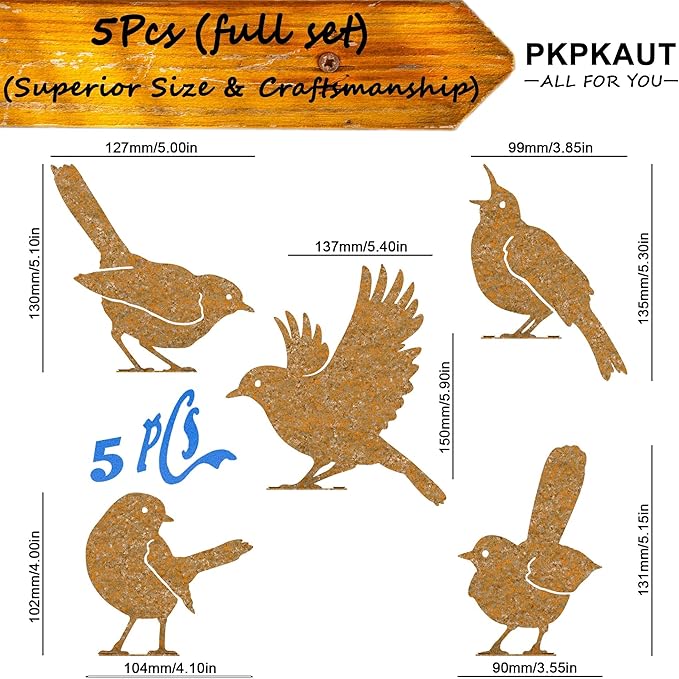 5Pcs Metal Birds Robin Fence Decorations Outdoor Yard Art, Rusty Birds Fence Art Outdoor and Garden, Metal Bird Silhouette Craft Statue Ornaments Fence Topper Decor