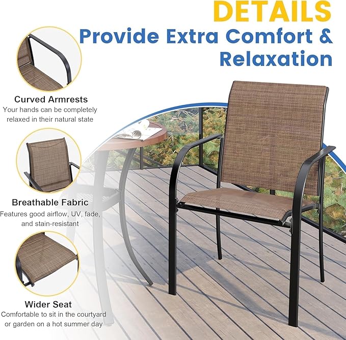 VICLLAX Patio Dining Set for 8, Outdoor Furniture Set Includes 53" Round Patio Table and 8 Patio Sling Chairs, Black Tabletop and Brown Fabric