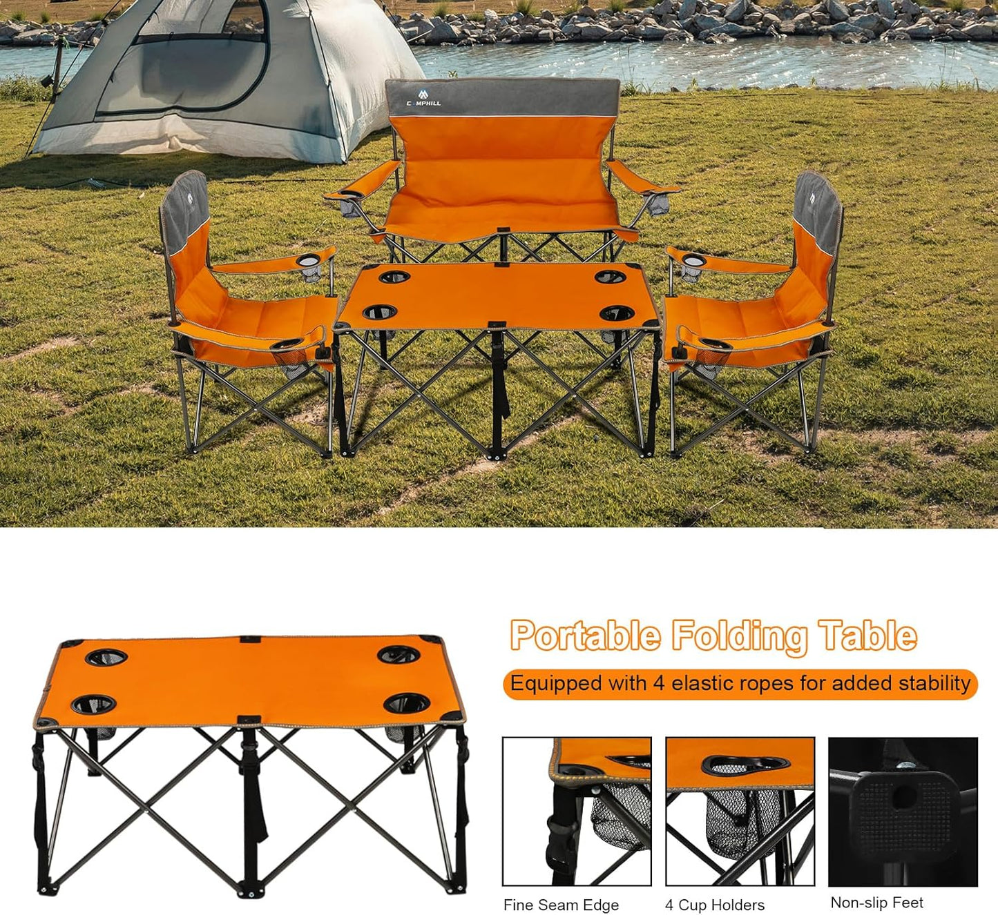 CAMPHILL Camping Chair Set of 3, Outdoor Folding Camping Chairs for Heavy People with Cup Holder & Carry Bag,Collapsible Chair Include One Sofa Chair and Two Single Chair,Support up to 500lbs
