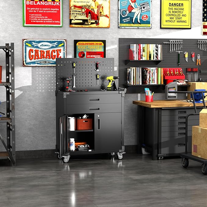 Tool Chest, Tool Cart with 2 Drawer and Lockable Doors, Garage Storage Cabinet with Wheels, Pegboard and 4 Hooks for Garage, Workshop, Metal Tool Storage Cart