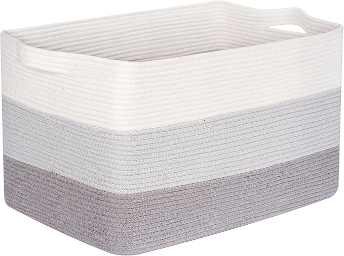 MINTWOOD Design 22in Extra Large Blanket Basket Holder Living Room, Rectangle Rope Woven Storage Basket with Handles for Laundry, Pool Towels, and Shoes, Dog Toy Organizer Bin Box, 3-Tone Light Gray
