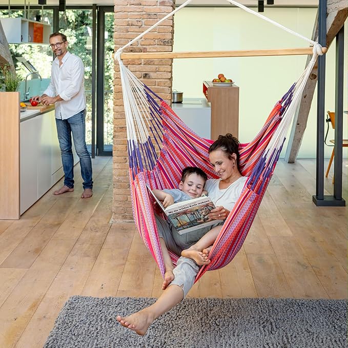 LA SIESTA® - XL King Habana Cotton Hammock Chair & CasaMount - Hanging Chair w/Suspension Kit for Walls Ceilings & Square Beams - Indoor Outdoor Swing Hanging Chair Bedroom Patio Balcony - Flamingo