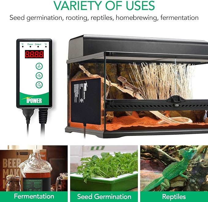 iPower 40-108 Degrees Fahrenheit Digital Heat Mat Thermostat Controller and 20" x 20" Hydroponic Seeding Warm Pad Plant Starting Kit Combo