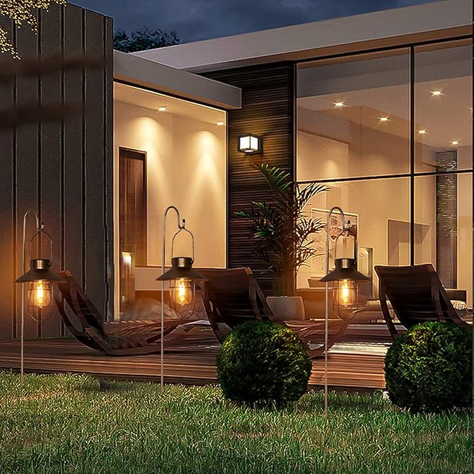 pearlstar Solar Lanterns Outdoor Metal Solar Powered Hanging Lights Waterproof for Wall Barn Yard Garden Patio Garage Balcony Porch Fence Decor, Warm White Edison Bulb (Black-2pack)