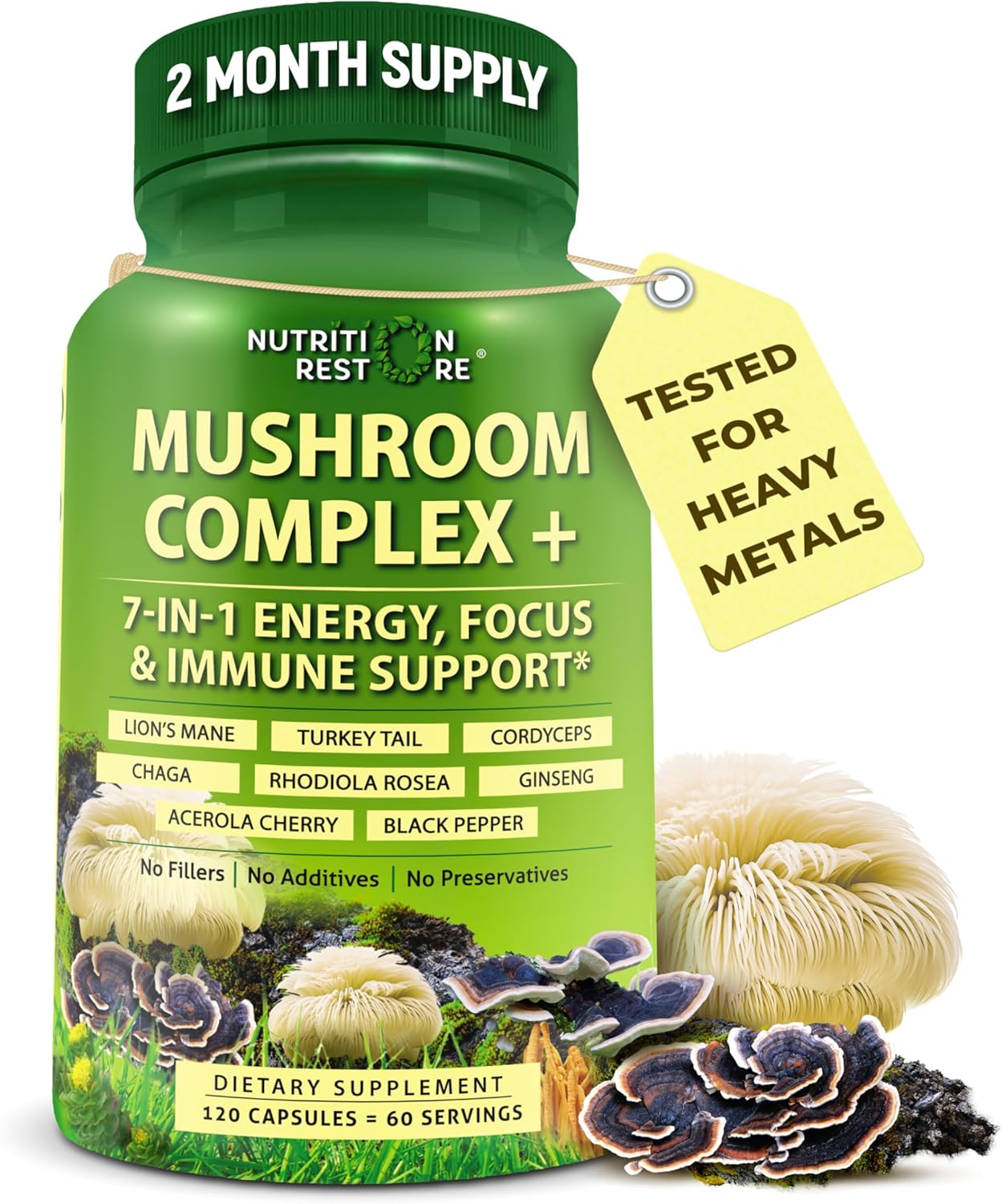 Organic Mushroom Complex: Lion's Mane, Turkey Tail, Cordyceps, Chaga, Contains Naturally Occurring Beta Glucans - Organic Energy & Immune Support Blend: Rhodiola Rosea, Ginseng & Acerola Cherry 120Ct