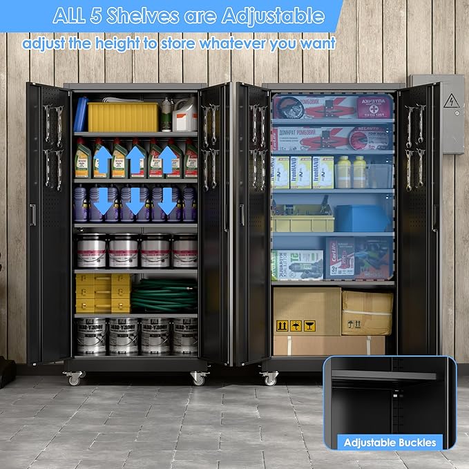 71" H×34" W×18" D Metal Garage Storage Cabinet with Wheels & Pegboard, Lockable Metal Storage Cabinets with 2 Doors&5 Adjustable Shelves for Garage&Home,Assembly Required,Black