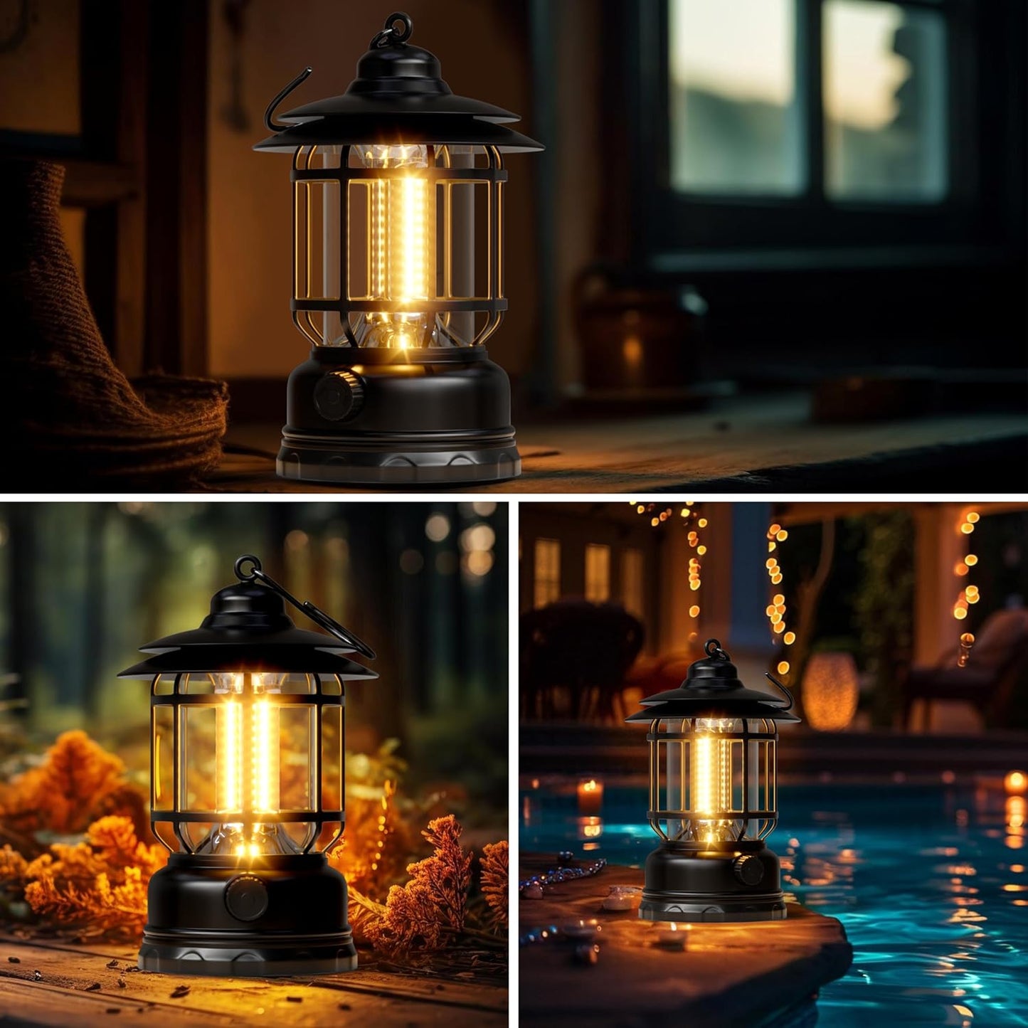 Retor LED Camping Lanterns Black 3 Pack 1500 LM Step-Less Dimming, Lightweight Battery Powered USB Rechargeable Flashlight Survival Kits Indoor Outdoor Home Camping Emergency Outages Hiking Light