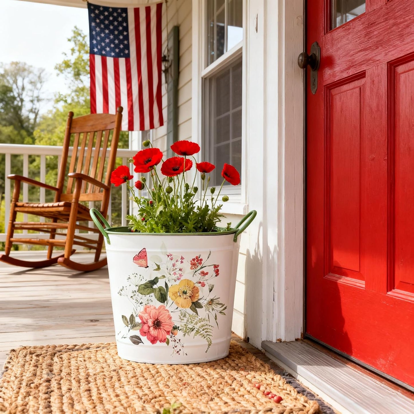 Set of 3 Vintage Floral Butterfly Metal Planter Pots, Decorative Flower Buckets with Handles, Rustic Farmhouse Plant Containers for Indoor Outdoor Gardening, Succulents, Herbs, Home Decor