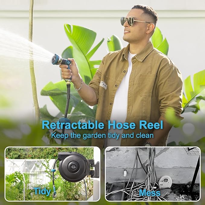 Retractable Garden Hose Reel - 5/8 inch x 90 ft Wall Mounted Hose Reel with 10 Pattern Nozzle & Any Length Lock, Heavy Duty Water Hose Supports Automatic Rewind & 180° Swivel, Black