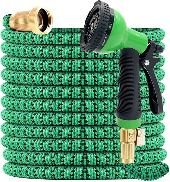 J&B XpandaHose 100ft Expandable Garden Hose with Holder - Heavy Duty Superior Strength 3750D - 4 -Layer Latex Core - Extra Strong Brass Connectors and 10 Spray Nozzle w/Storage Bag (Green 100)