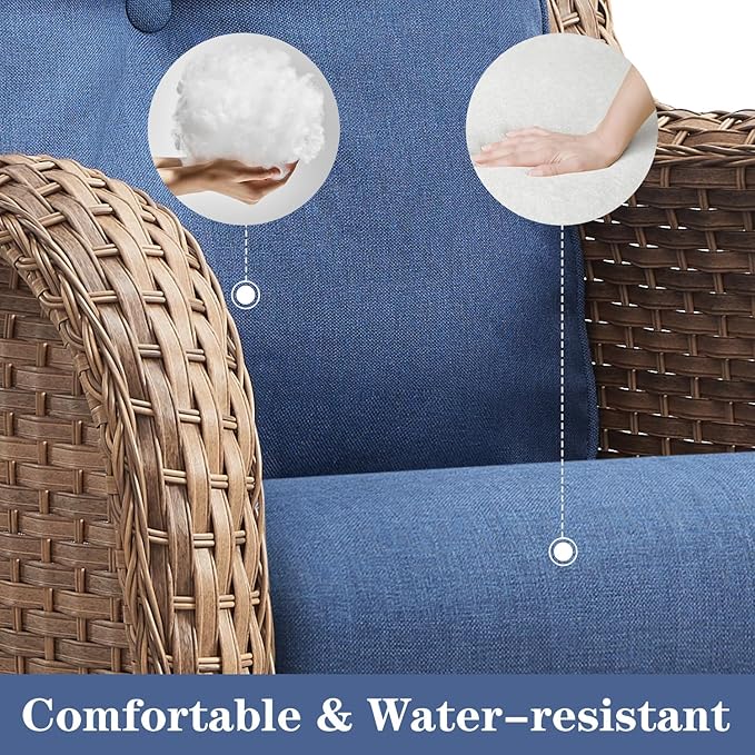 Wicker Outdoor Furniture Patio Furniture Set - 6 Piece Patio Conversation Set with Swivel Rocker Chairs, Rattan Sofa, Ottomans and Coffee Table, Blue Cushion