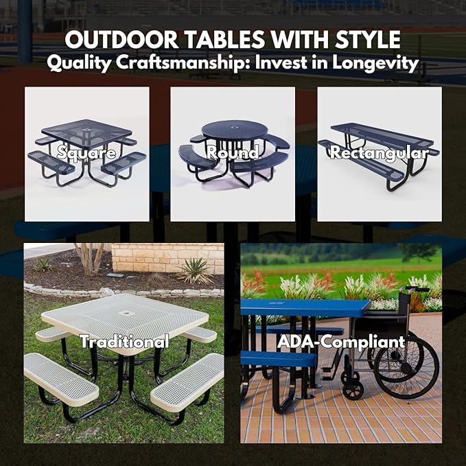 Coated Outdoor Furniture Heavy-Duty Portable Outdoor Picnic Table with Umbrella Hole, Punched Steel Commercial-Grade Patio Dining Furniture Made in America (46" Round Top, Yellow)