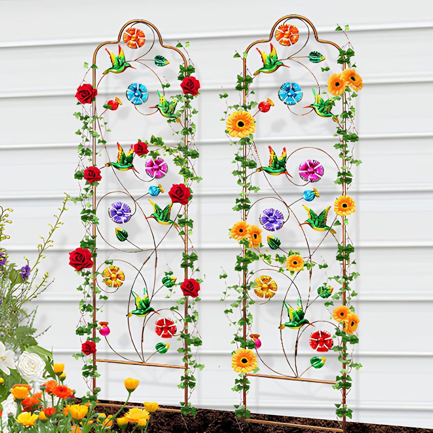 2-Pack Metal-Garden-Trellis Plant-Support-Trellises Outdoor-Decoration Arched-Fence-Trellis - for Climbing Plants Patio Lawn Yard Backyard Wall Brackets 60'' H x 12'' W Hummingbird