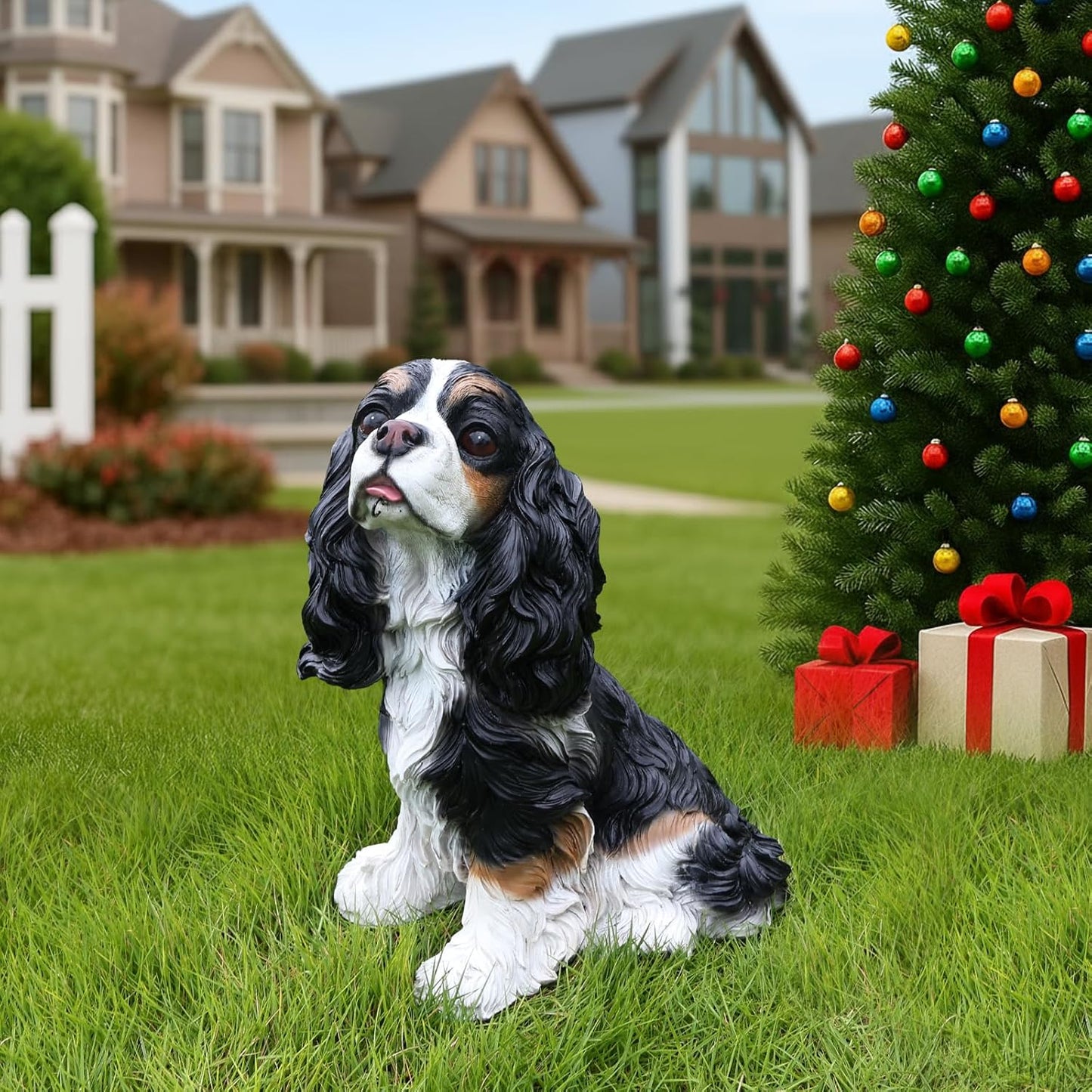 Charming Cavalier King Charles Spaniel Welcome Dog Statue with Solar Lantern, Hand-Painted Sitting Resin Puppy Figurine with Reversible Signs for Garden, Patio, and Porch Décor