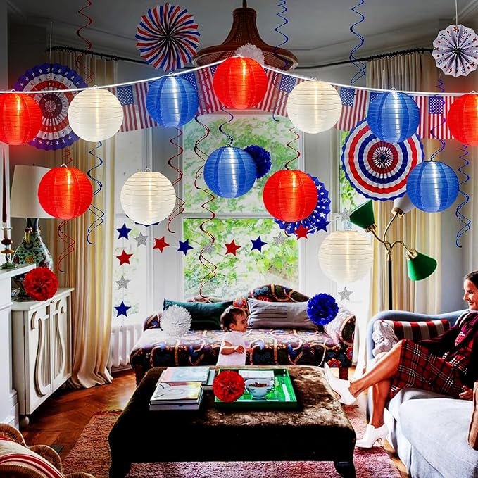 4th of July Decoration Lights, 25Ft Red White and Blue Lantern Lights with 11 LED Bulbs (1 spare bulbs), Hanging Patriotic Decor Lights for July 4th, Independence Day, Yard, Garden, Memorial Decor