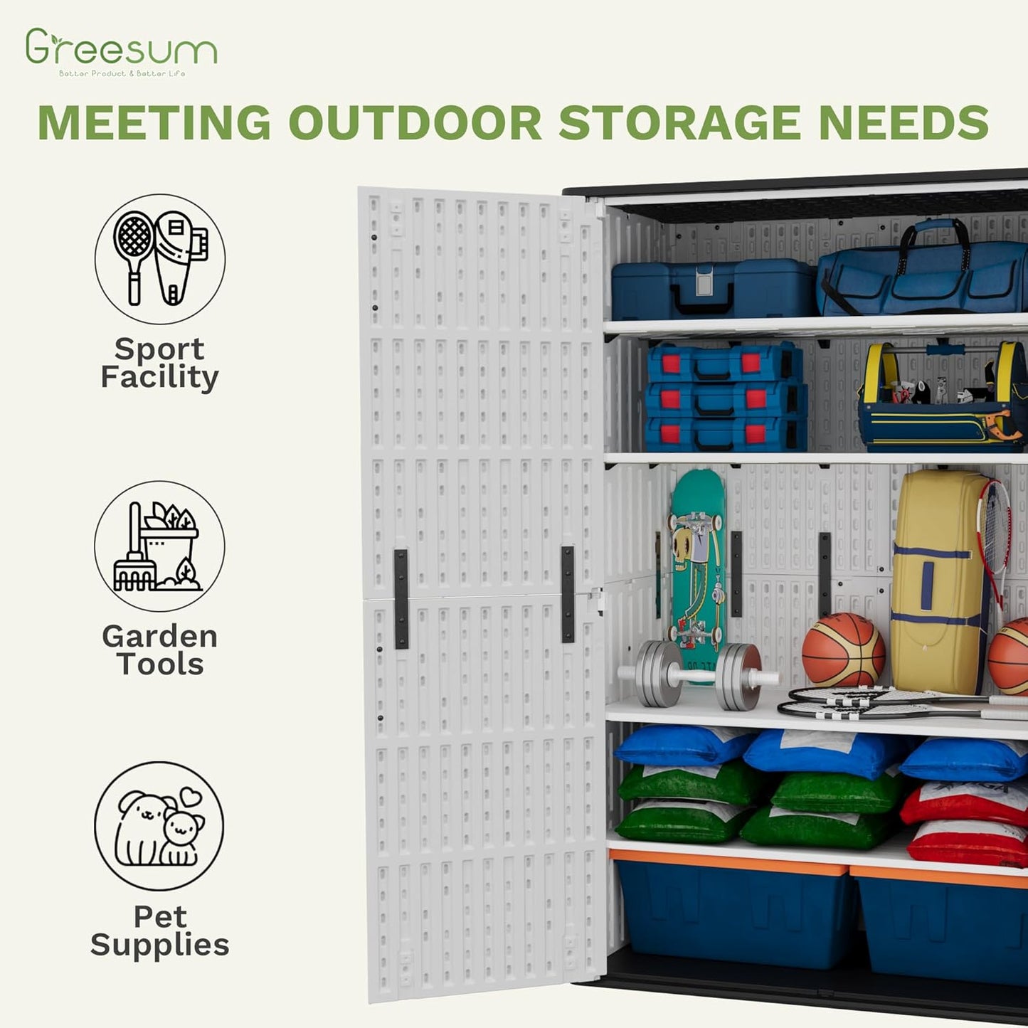 Greesum Outdoor Storage Cabinet, 50 Cu.Ft Deck Box Without Shelves, Waterproof Plastic Storage Bin for Patio Cushions, Gardening Tools, Lockable and Sidehandles, UV Resistant, White