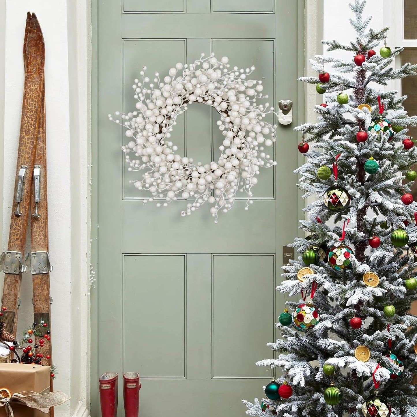 VioletEverGarden White Wreath 20 Inch Winter Wreaths for Front Door Artificial White Berry Wreath for Winter Christmas Hoilday Party Wall Window Decorations