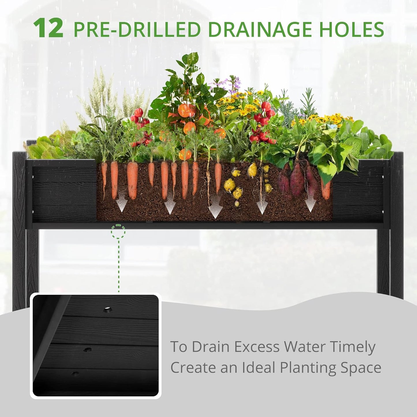 LUE BONA Raised Garden Bed with Tools, 47*18*29 in, Poly Elevated Planter Box with Legs And Storage Shelf, Weather Resistant, 3-Year Warranty, Standing Growing Bed Herb Planter for Vegetable, Black