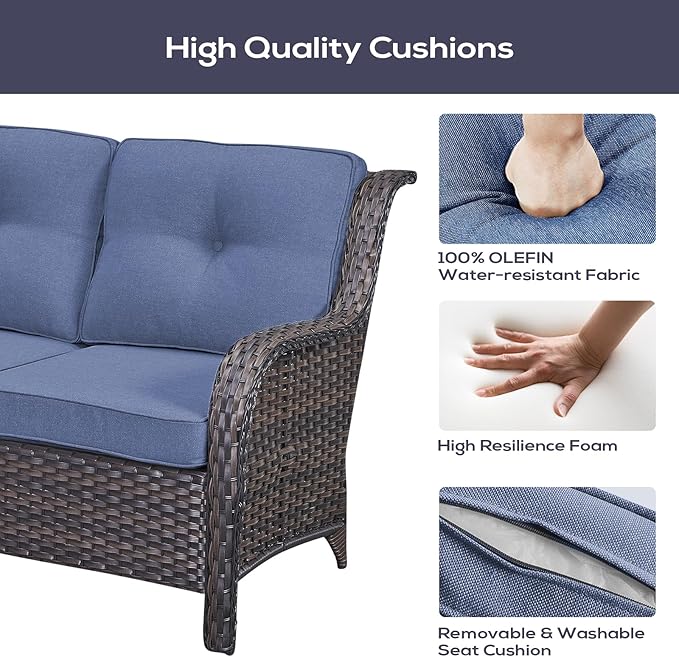 Outdoor Sectional Sofa Furniture Set with Propane Fire Pit Table, Wicker Patio Conversation Set with 2 Swivel Glider Rocker Chairs Blue Cushion Perfect for Backyard Casual Gathering