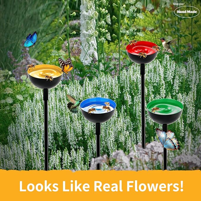 4 Pack Bee Cups For Garden, Bee Waterer And Butterfly Water Stations, Bee Water Catcher Cups For Thirsty Pollinators, Bee Bath, Colorful Metal Garden Sculpture Stakes Decor, Bee Houses For The Garden