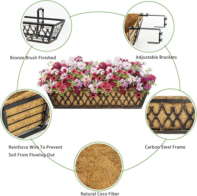4 Pack 30 Inch Window Boxes Planters Railing Planter Box with Adjustable Brackets for Porch Fence Patio Balcony Hanging Flower Baskets with Coco Liners for Outdoor Garden Decor - Bronze