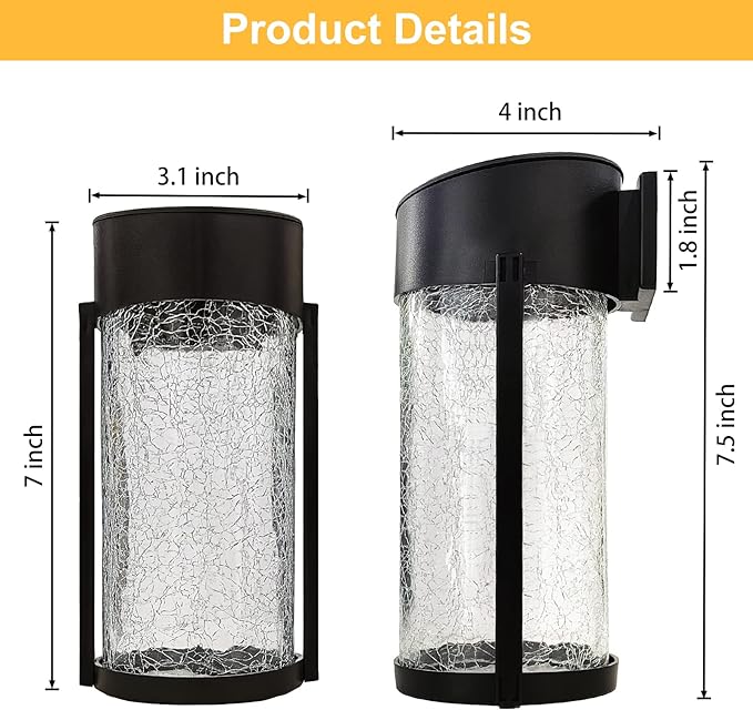 Solar Outdoor Wall Lights Fixture Set of 2 Porch Lights Crackled Glass Diffuser with Warm White LED