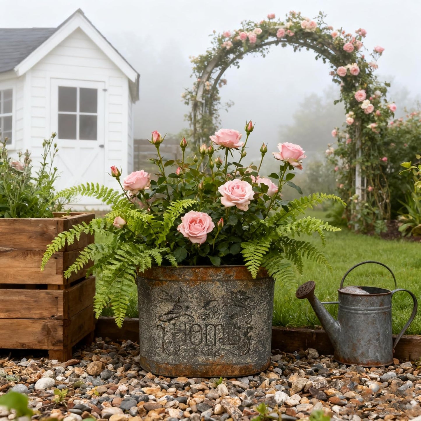 Set of 2 Vintage Distressed Metal Planter, Decorative Flower Buckets with Floral Embossing, Rustic Farmhouse Flower Pot for Herbs Succulents, Wedding Party Home Decor Accents