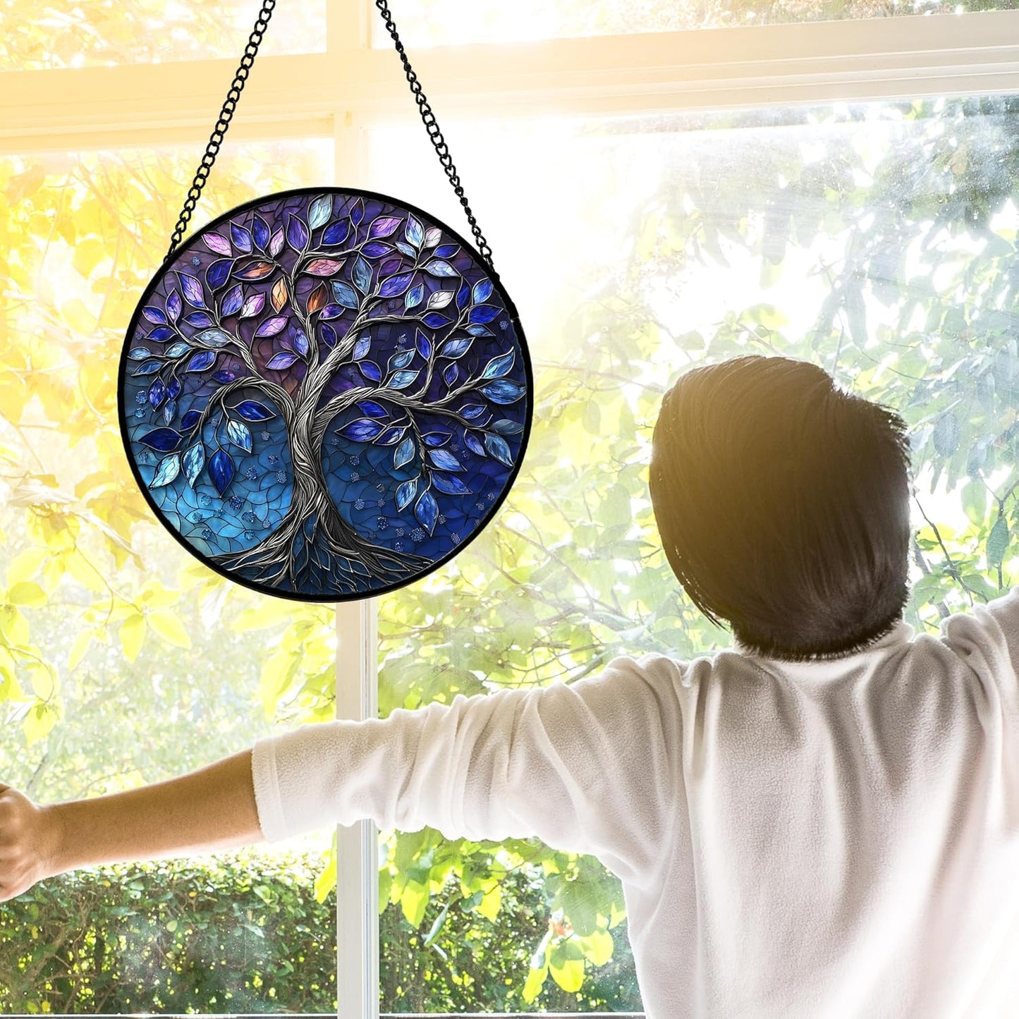 Stained Glass Window Hanging, Blue Purple Tree of Life Sun Catchers Colorful Glass Panel Plants Suncatcher Decor for Birthday for Women,Men,Wife, Lovers, and Mom 11.8x11.8 in