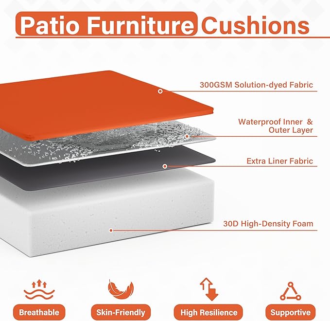Patio Chair Cushions 24 X 24 X 5 Inch Waterproof Outdoor Seat Cushions for Patio Furniture, Outdoor Sofa Couch Pads with Ties & Handle, Set of 2, Orange