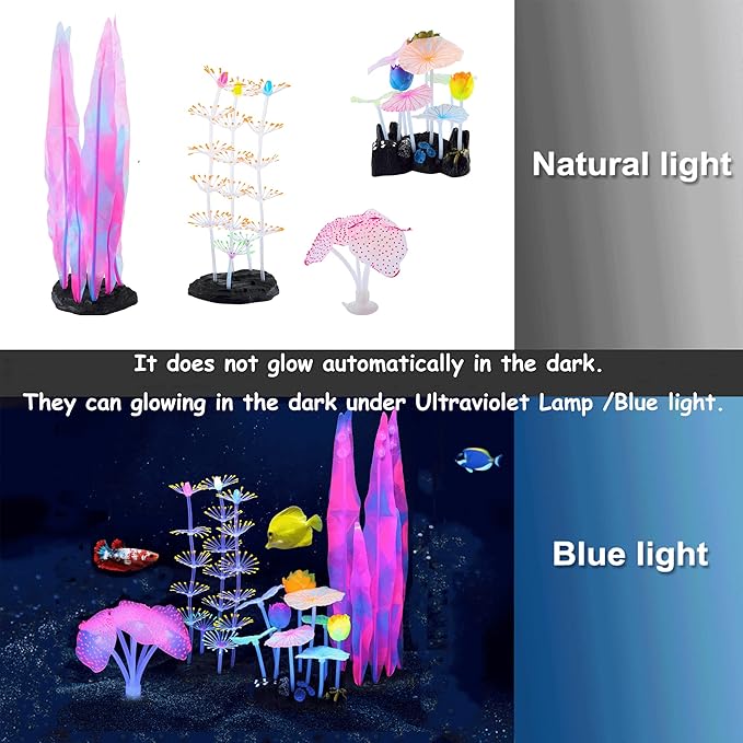 Lpraer 4 Pack Glow Aquarium Decorations Coral Anemone Lotus Leaf Seaweed Simulation Glow Plant Glowing Effect Silicone for Fish Tank Decorations
