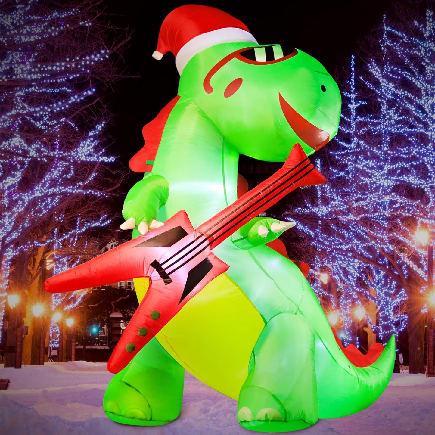 DomKom 8FT Christmas Inflatable Decorations Dinosaur with Guitar, Giant Outdoor LED Lights Holiday Blow up Rex Yard Decoration for Holiday Party Outdoor Garden Yard Lawn Winter Décor