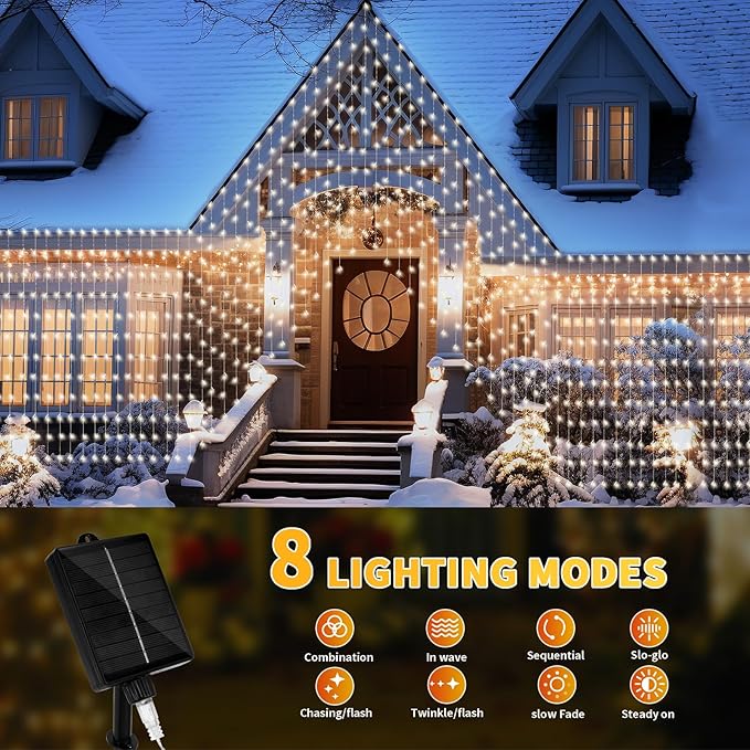 32.8 * 6.56FT Large Size Solar Curtain Lights Outdoor, 8 Modes Icicle Lights, Solar Garden Christmas Decortions for Patio, Gazebo, Eaves, Fence, Tree, Porch (White)