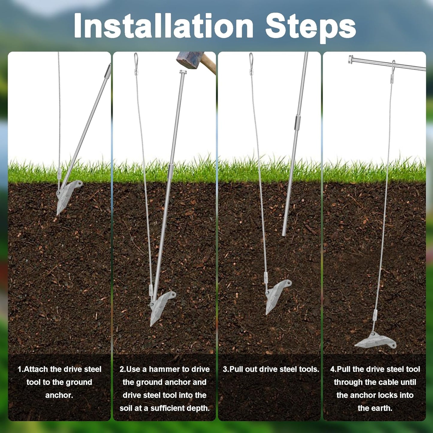 (6 Pack) Drive-In Ground Earth Anchors with Rod, 30inch Cable Earth Anchor Heavy Duty for High Winds, Easy Hook Anchor for Fixing Shed, Carports, Tent, Swing Set, Greenhouse, Gazebo.