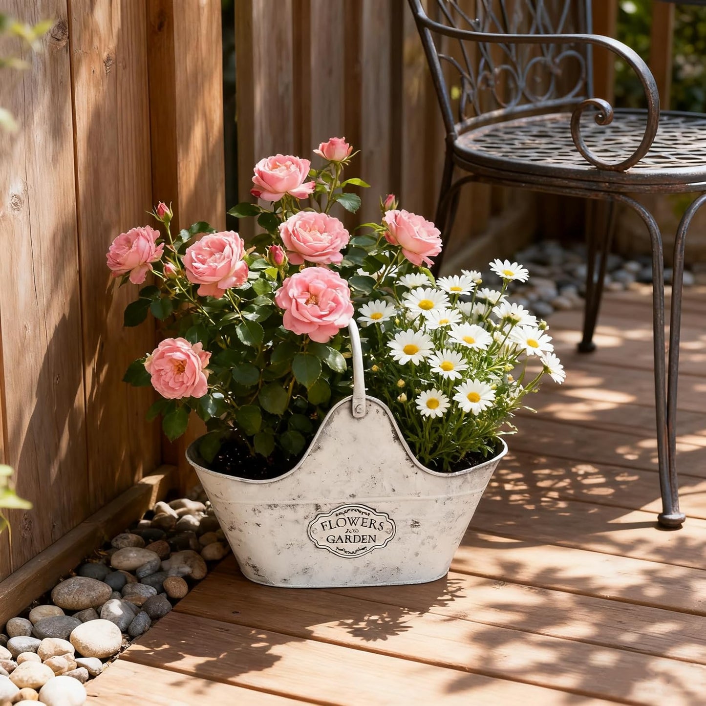 Set of 2 Vintage Metal Planter Pots, "Flowers and Garden" Distressed White Hanging/Tabletop Flower Pots with Handle, Rustic Farmhouse Planters for Indoor Outdoor Succulents, Herbs, Home Decor
