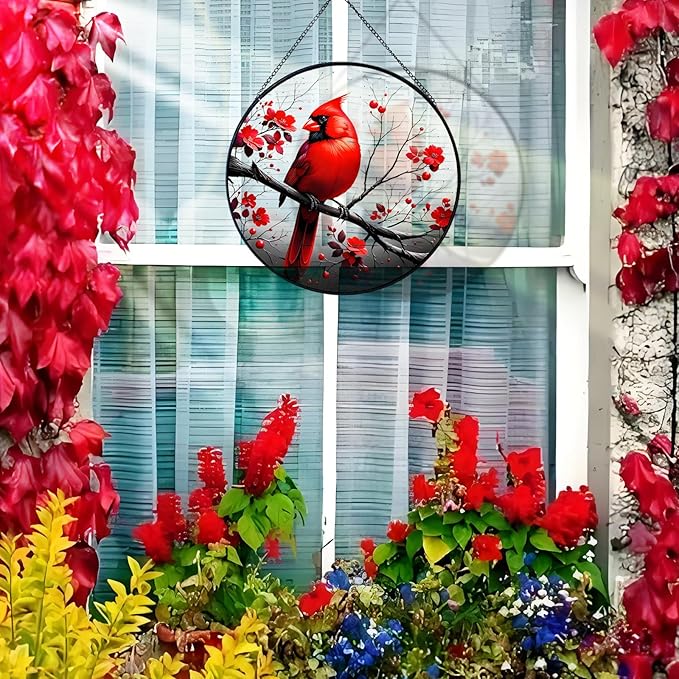 RIVEENY Cardinal Stained Glass Window Hanging,Cardinal Stained Glass Suncatcher,8" Window Suncatcher Hanging Ornaments Wall Art, Hand-Painted Glass Panel Home Decor for Mom Grandma