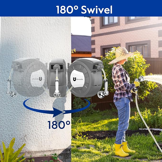 Retractable Garden Hose Reel,1/2 in x 50 ft Wall Mounted Hose Reel,10-Pattern Spray Nozzle, Any Length Lock/Slow Return System/Wall Mounted/180°Swivel Bracket