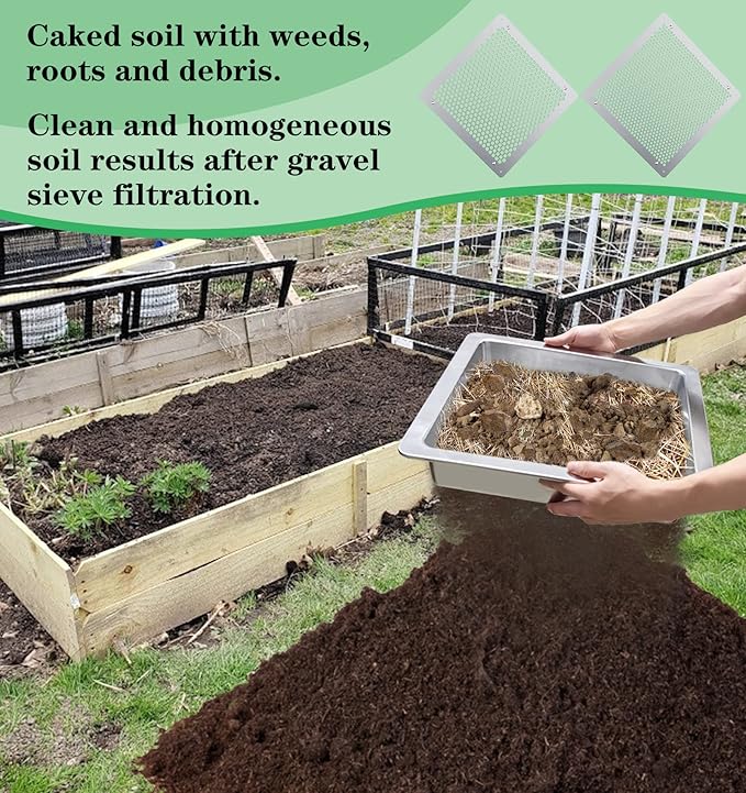 Soil Sifter Strainer Sift Screen Composter - Stainless Dirt sifter,16"Rock Sifter,Bonsai Sifter for Gardening,Metal Soil Sieve Set,2 Interchangeable net Compost Sieve,Substitute Wooden Garden Sifter.