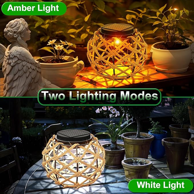 JSOT Solar Lantern - 2 Pack Hemp Rope Hanging Lights Outdoor Lanterns Wall Lanterns Hanging Solar Lamps for Front Porch Patio and Yard
